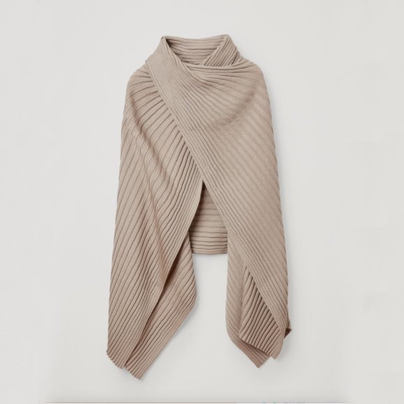 COS Beige Ribbed 100% Wool Hybrid Scarf / Poncho - Picture 5 of 8